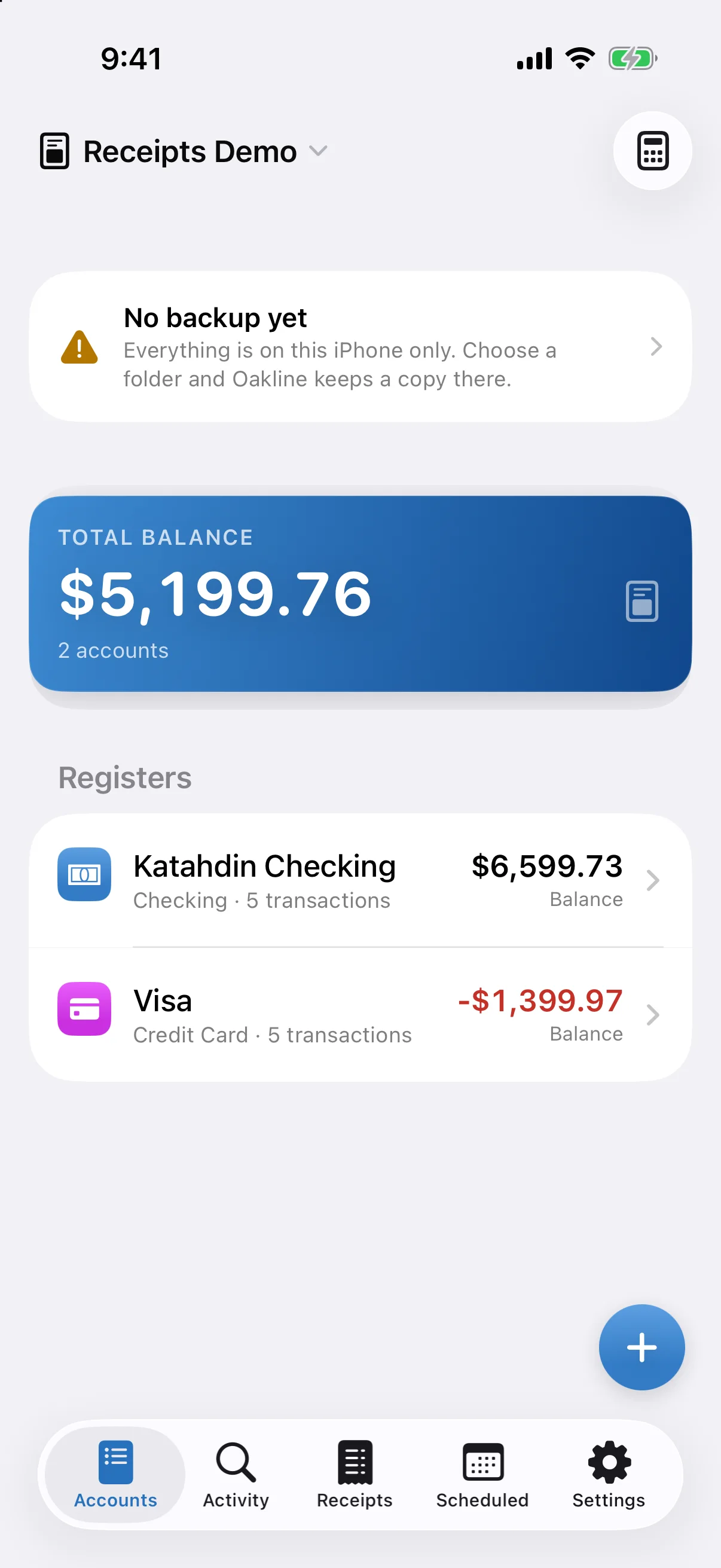 Oakline Accounts screen