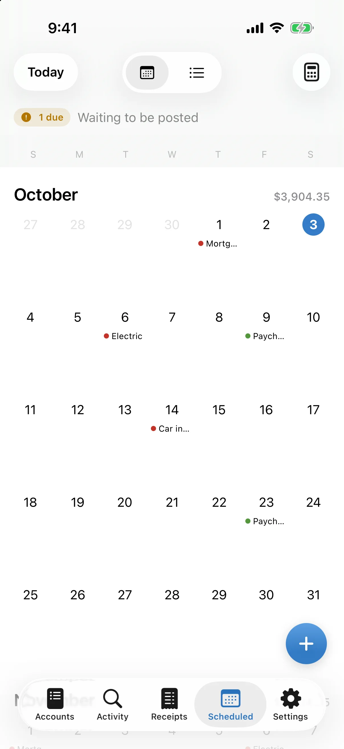 Oakline scheduled bills calendar