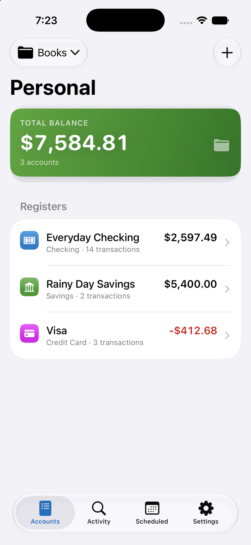 Oakline's Accounts screen showing a total balance and three accounts