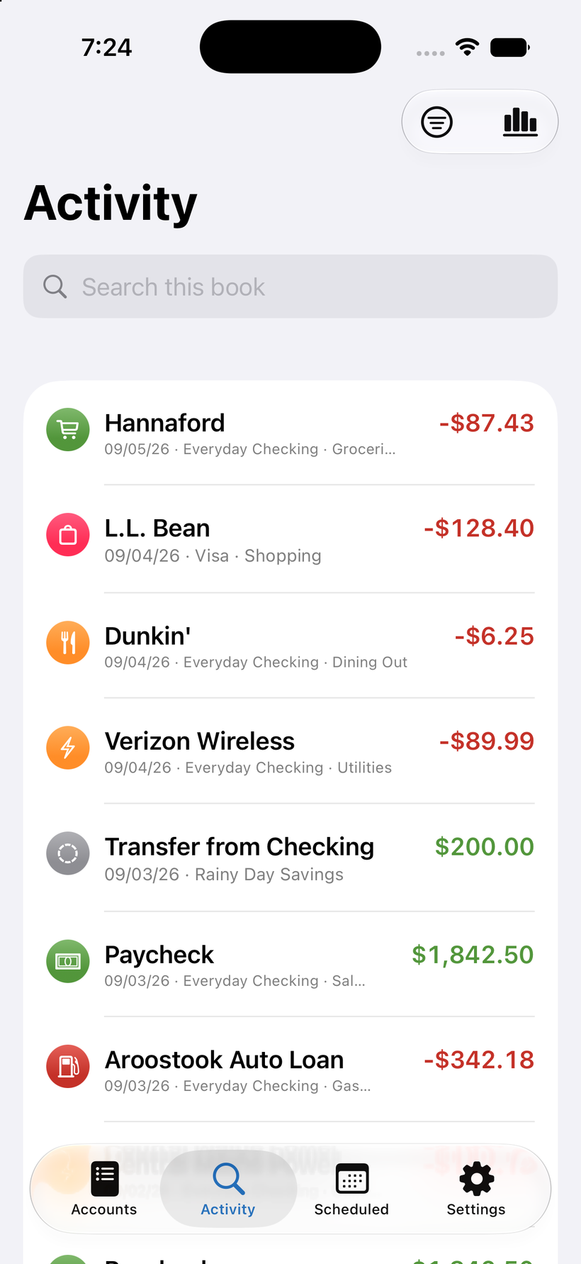 The Activity screen listing transactions across all accounts