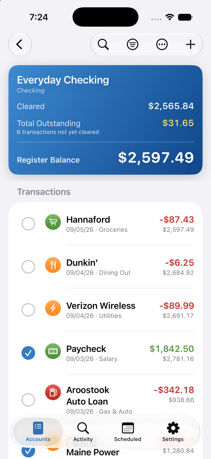 A register showing transactions with a running balance