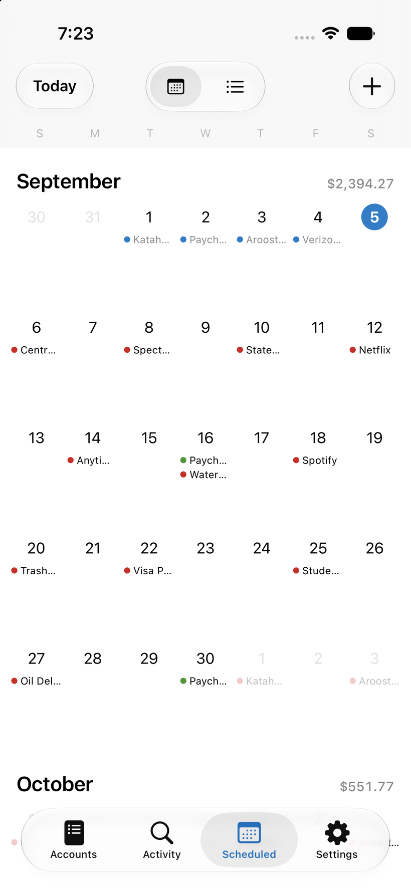 A month calendar showing scheduled bills and deposits